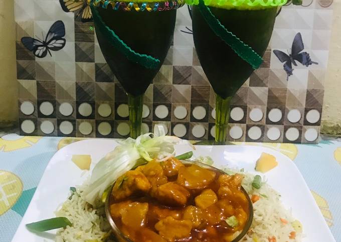 Sweet and sour chicken with egg fried rice(chinese dish) and mint mojito(drink)