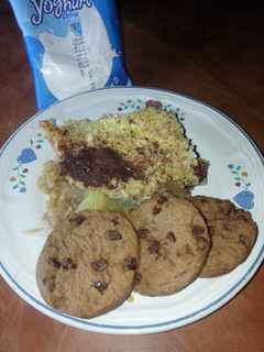 A picture of Pineapple crumble with yogurt and chocolate cookies.