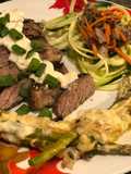 Seared Ribeye, Cheesy Baked Asparagus, with Zoodle Medley