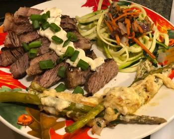 Easy Prepare Recipe Seared Ribeye Cheesy Baked Asparagus with Zoodle Medley Most Delicious