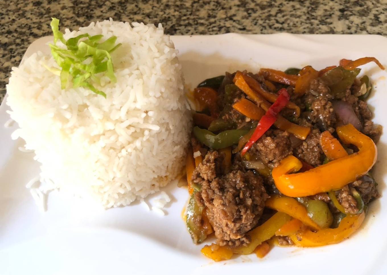 Jasmine rice and minced meat stir fry