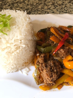 A picture of Jasmine rice and minced meat stir fry.