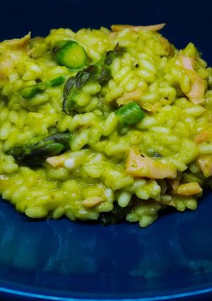 A picture of Risotto with Asparagus Cream and Smoked Salmon.
