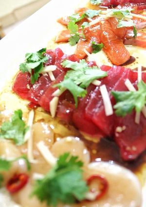 A picture of Ceviche of Scallops, Tuna and Salmon, Oriental Style.