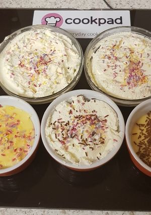 A picture of My Banana Custard Cakes and fresh Cream. ❤.