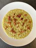 Risotto porri, piselli e pancetta croccante