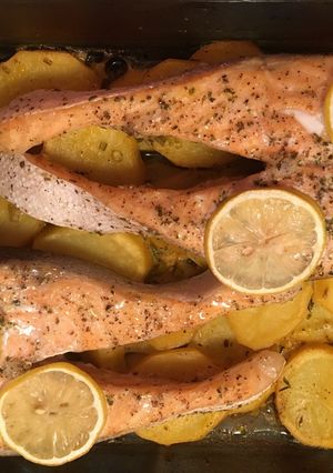 A picture of Salmon with Quick Oven-Roasted Potatoes.