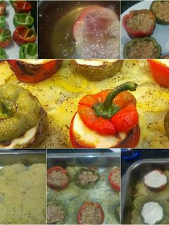 Una foto de Pimientos rellenos de carne con bechamel sobre patatas panadera