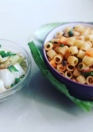 A picture of Green Onion Pasta With Fried Cabbage.
