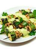 Herb-Marinated Shark and Zucchini Skewers with Herbed Butter and Herb Yogurt Cream