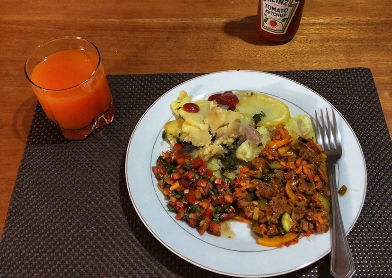 Beef Stew,Fried Potatoes and Tomato Onion Salad(Kachumbari)