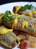 Chayotas en crema con rollitos de pan y salchicha