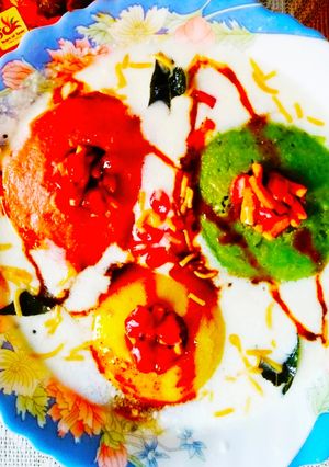 A picture of Tricolour Idli Chaat.