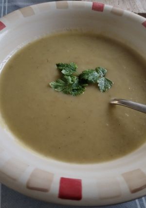 A picture of Jerusalem artichoke and marrow soup.