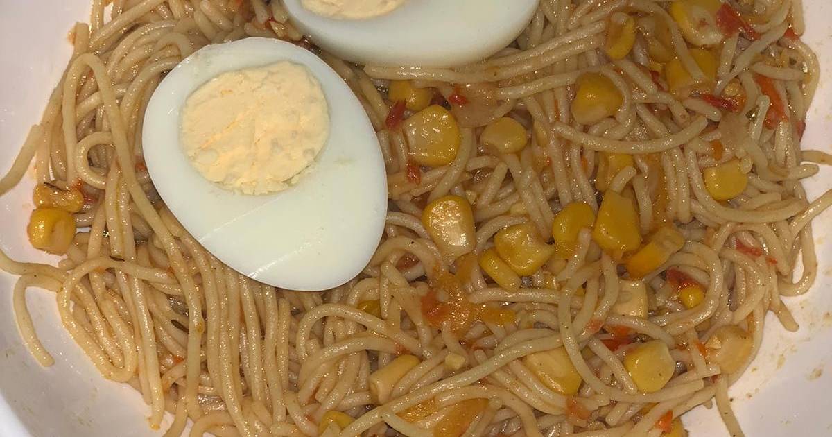 Corn spaghetti with hard boiled egg Recipe by Elizabeth omikunle - Cookpad