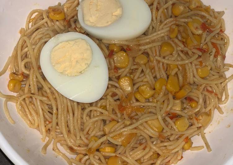 Corn spaghetti with hard boiled egg