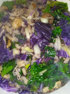 A picture of Cabbage and noodle soup.