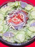 Carpaccio de pepino, tomate, cebolla roja y queso mozzarella!