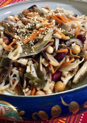 A picture of Japanese soy cooked vegetables.
