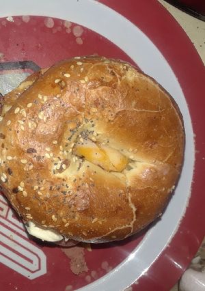 A picture of Salami, Egg, and Braunschweiger, Cheese Everything Bagel.