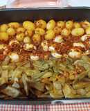 Sepia con judías verdes planas y papas al horno