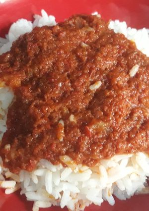 A picture of Boiled rice and stew.