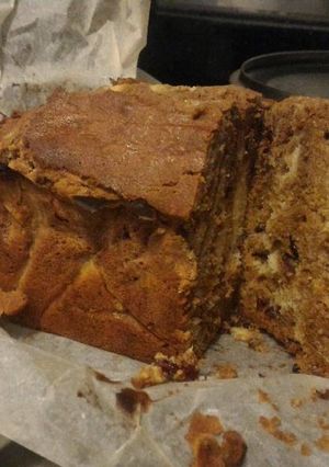 A picture of Marble pound cake with dry fruits.