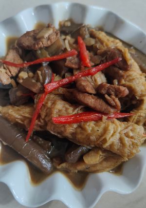 Foto resep Terong cah ayam kembang tahu,