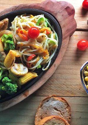 A picture of Boiled exotic vegetable salad with noodles.