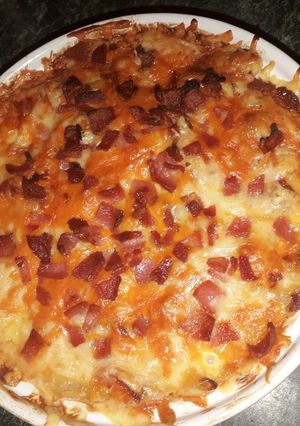 A picture of Cheese and bacon pasta bake.