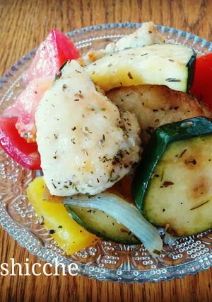 A picture of Marinated Chicken with Summer Vegetable.