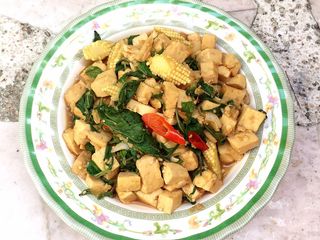 ผัดกะเพราเต้าหู้ขาวข้าวโพดอ่อน (มังสวิรัติ)