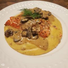 A picture of Brad's fresh coho salmon w/ mushroom cream sauce.