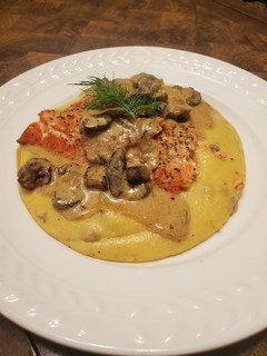 A picture of Brad's fresh coho salmon w/ mushroom cream sauce.