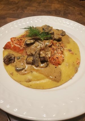 A picture of Brad's fresh coho salmon w/ mushroom cream sauce.