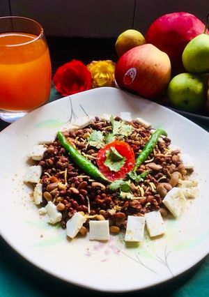 A picture of Mixed Lentils Sprouts and fresh homemade Orange juice.