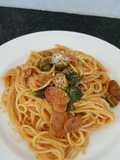 Spaghetti with chorizo tomato sauce