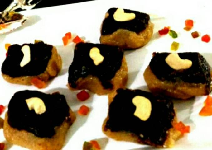 Besan coconut barfi with chocolate topping