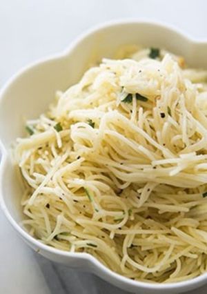 A picture of Angel Hair Pasta with Garlic Herbs and Parmesan.