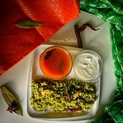 Spinach lemon Pulao with Rasam and chutney (Jain) A picture of Spinach lemon Pulao with Rasam and chutney (Jain).