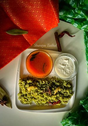 A picture of Spinach lemon  Pulao with Rasam and chutney (Jain).