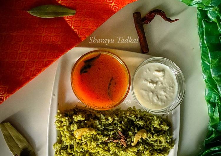 Recipe of Homemade Spinach lemon  Pulao with Rasam and chutney (Jain)