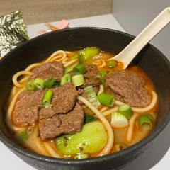 Vegan beef noodle soup A picture of Vegan beef noodle soup.