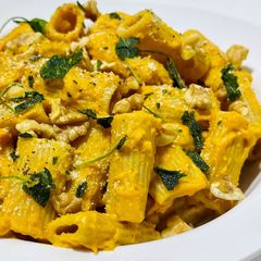 A picture of Pumpkin Rigatoni with Walnuts and Crispy Sage.