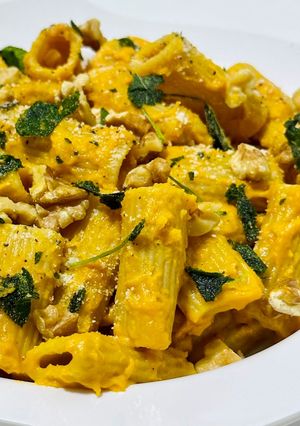 A picture of Pumpkin Rigatoni with Walnuts and Crispy Sage.