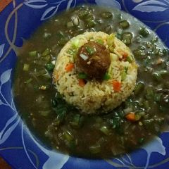 A picture of Gravy manchurian with fried rice.