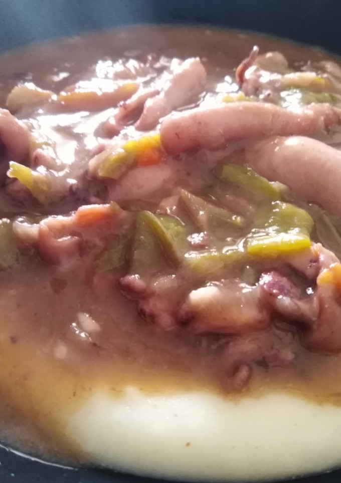 Una foto de Chipirones al vino tinto sobre cama de puré de patatas
