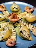 Conchiglioni ripieni di zucchine, gamberetti e ricotta con pesto di zucchine e zucchine grigliate