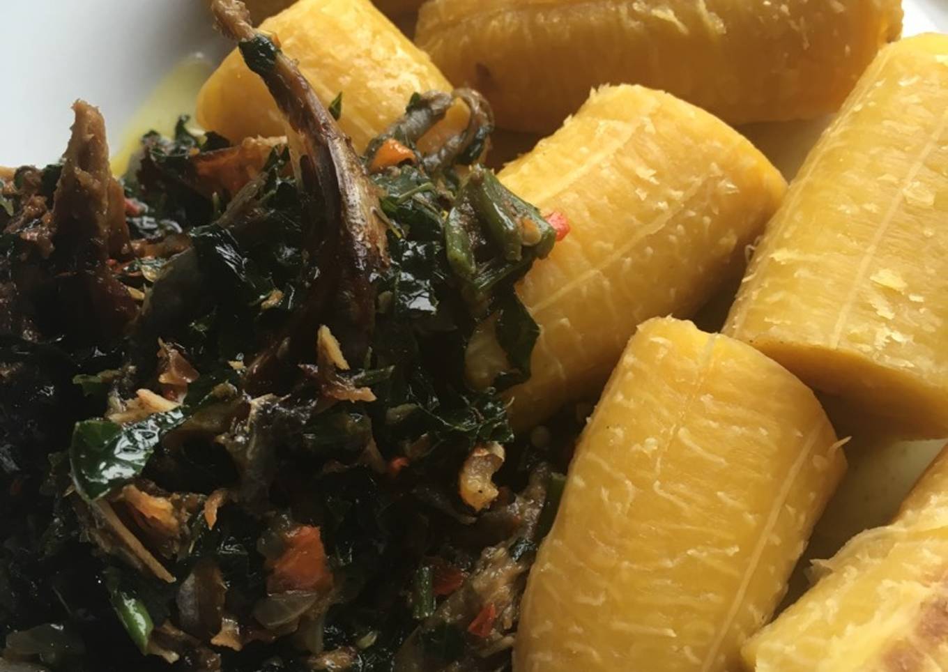 Half Ripe Plantain Meshed With Smoked Fish vegetable sauce