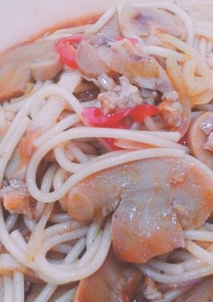 Foto resep Spageti ayam jamur (spaghetti with chicken&mushroom)